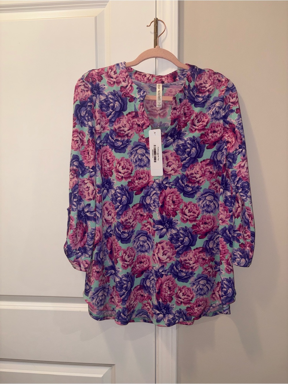 Floral V-Neck Blouse in Mint with Pink & Blue Blooms